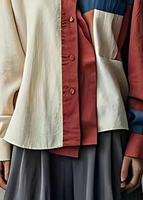 Unique Beige Asymmetrical Button Patchwork Linen Shirt Fall