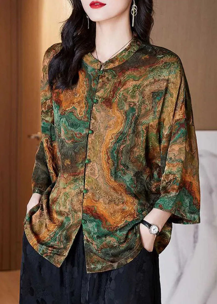 Brown Stand Collar Button Print Patchwork Silk Blouse Top Summer