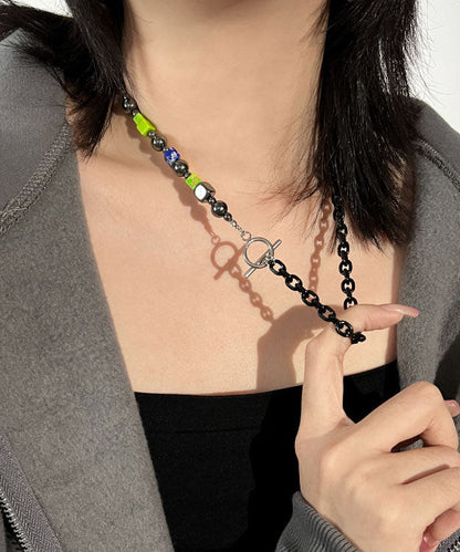 Black Block Black Gallstone Chain Patchwork Necklace