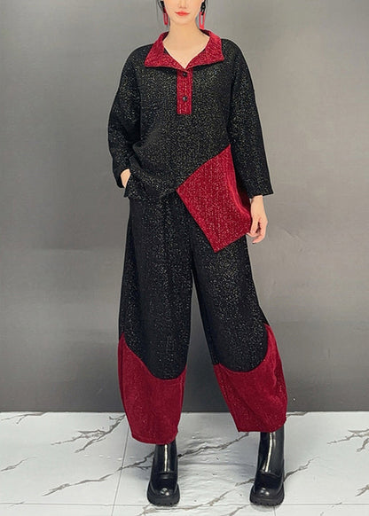 Black Patchwork Tops and Pants Cotton Two Pieces Set Fall
