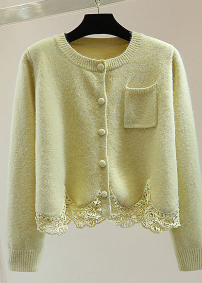 Light Green O-neck Lace Patchwork Cotton Knit Cardigan Spring