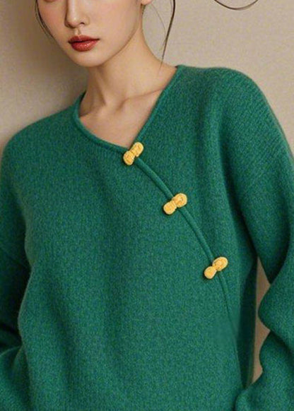 Simple Green V Neck Button Knit Sweater Fall