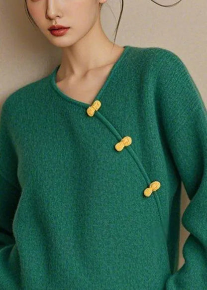 Simple Green V Neck Button Knit Sweater Fall