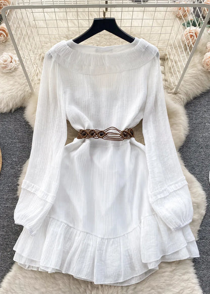 White Ruffled Lace Up Cotton Mid Dress Long Sleeve