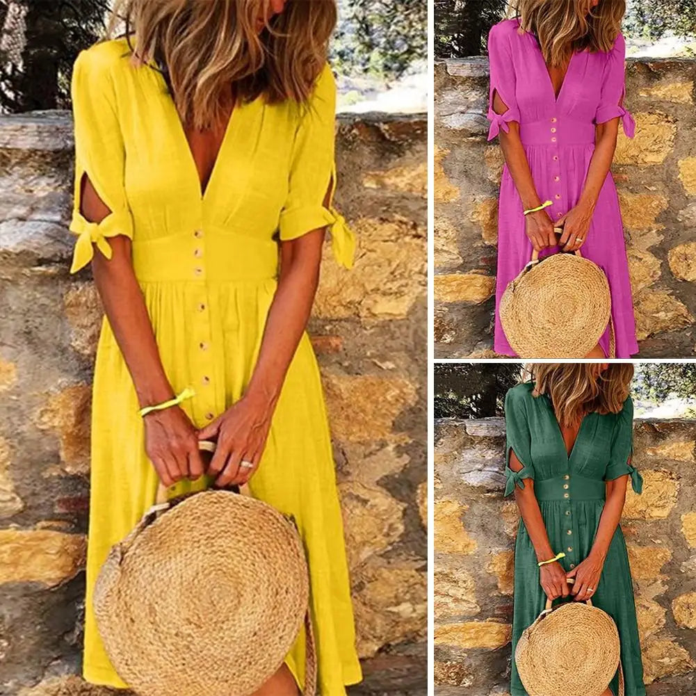 Color Deep V Neck Tied Half Sleeve Button Party Long Dress Summer Party Female Clothes Vestidos