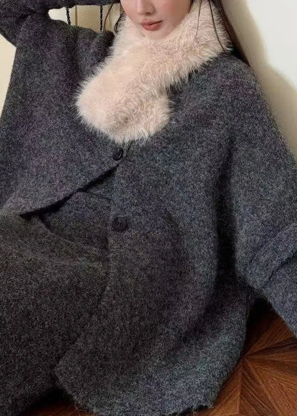 Grey Cozy Knit Three Piece Set Fur Collar Batwing Sleeve