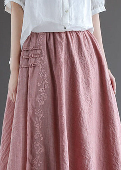 Pink Embroidered Chinese Button Linen Skirts Spring