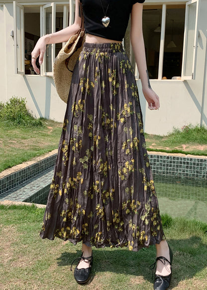 Print Wrinkled Elastic Waist Cotton Skirt Fall