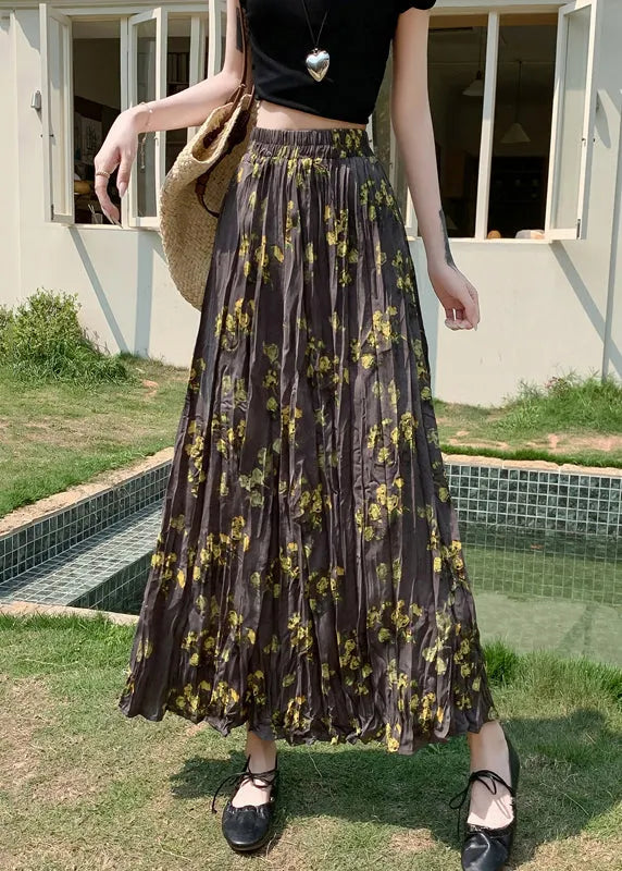 Print Wrinkled Elastic Waist Cotton Skirt Fall