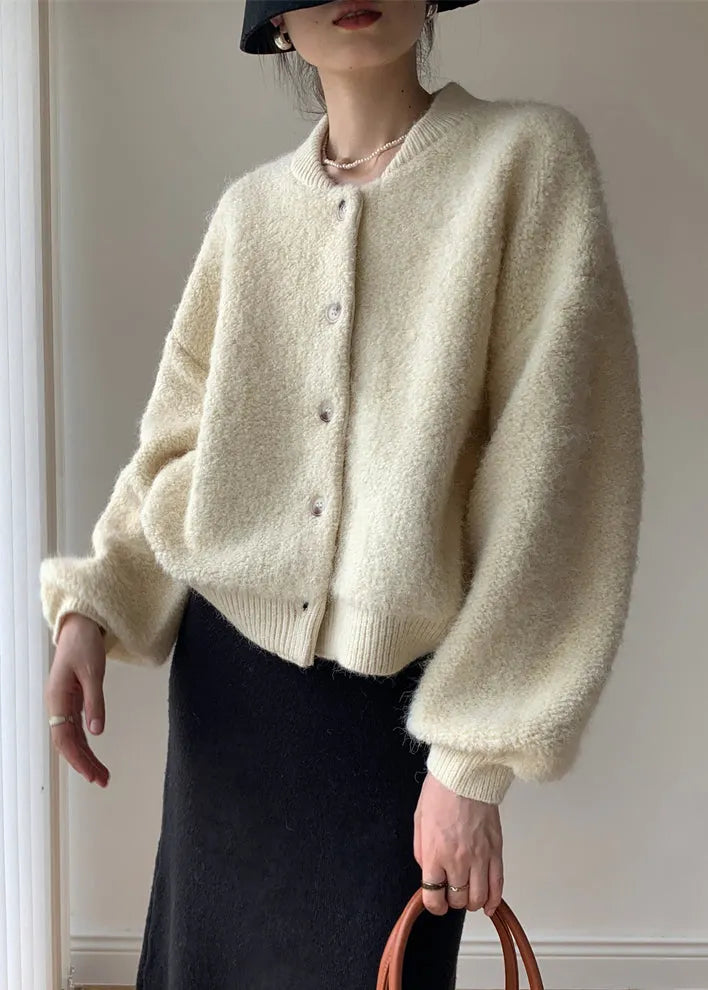Loose Beige Button Thick Wool Knit Coats Winter
