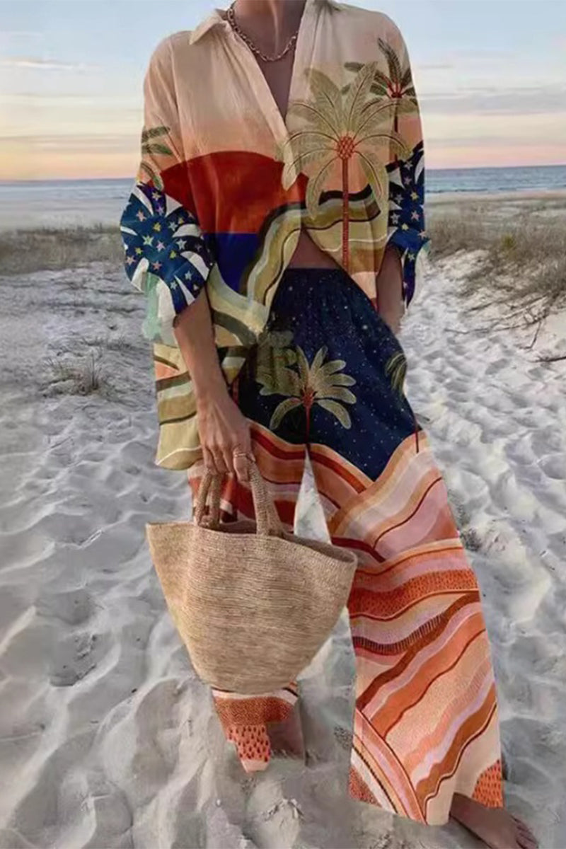 College Geometric Print Contrast Turndown Collar Long Sleeve Two Pieces