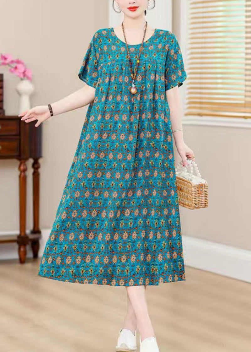 Blue O-neck Print Holiday Long Dress Short Sleeve