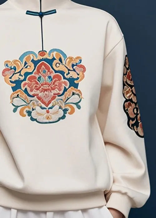 Apricot Stand Collar Print Cotton Pullover Sweatshirt Fall