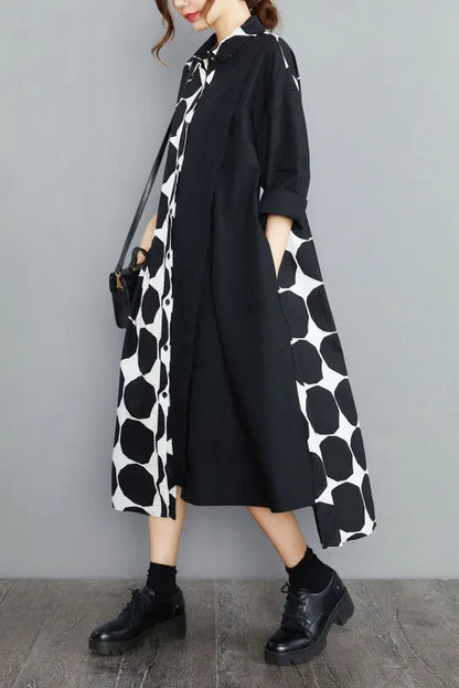 Spring Polka Dot Colorblock Lapel Shirt Dress