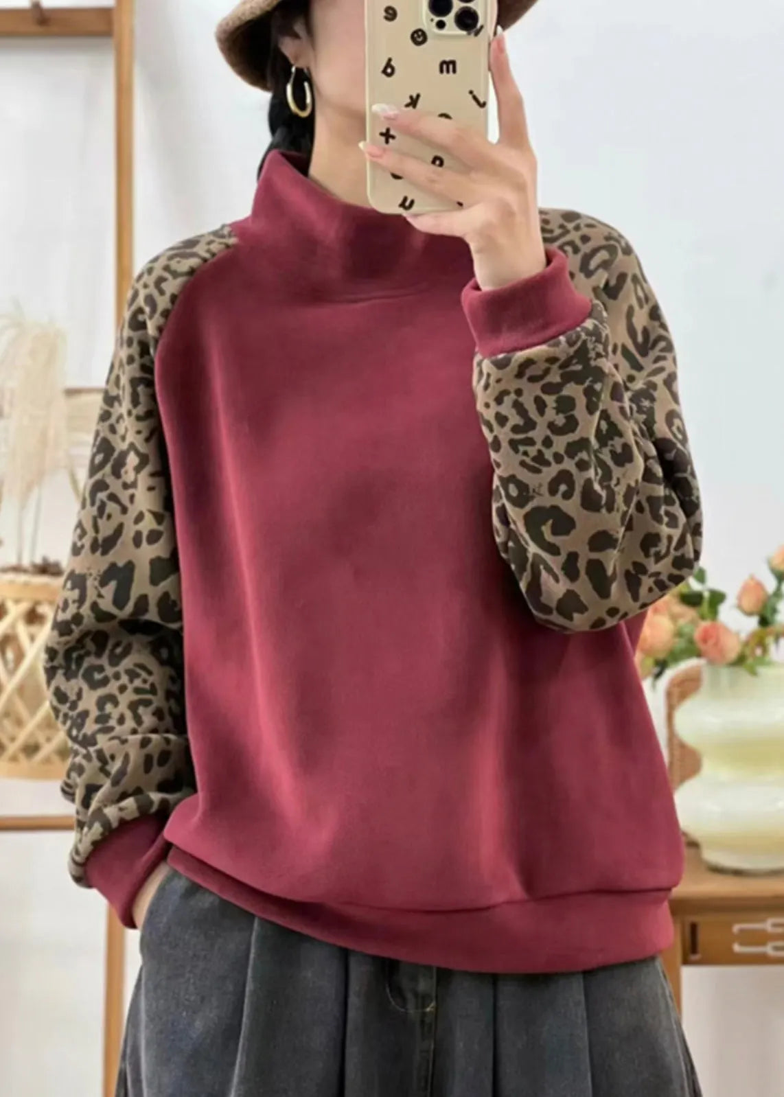 Red Hign Neck Leopard Patchwork Warm Fleece Sweatshirts Top Winter