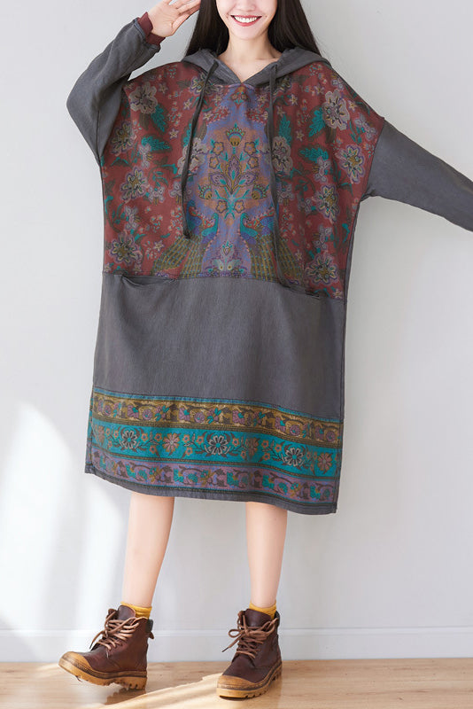 - Printed Hooded Sweater Knitted Denim Dress