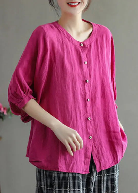 Rose O-neck Button Low High Design Linen Shirt Half Sleeve