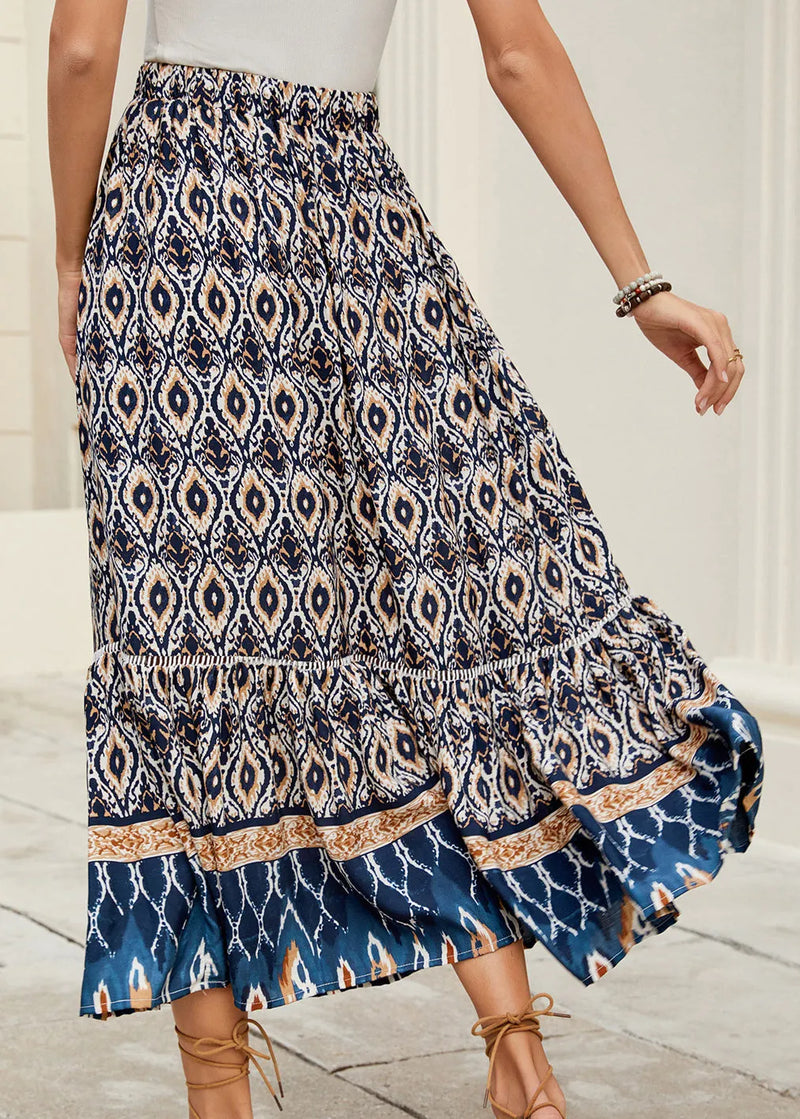 Navy Print Elastic Waist Skirts Summer