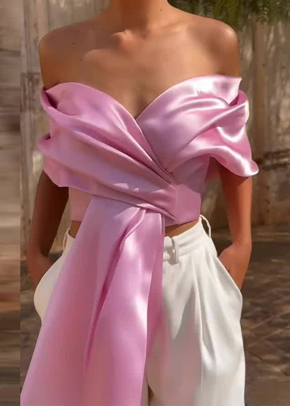 Stylish Pink Cold Shoulder Asymmetrical Silk Top Summer