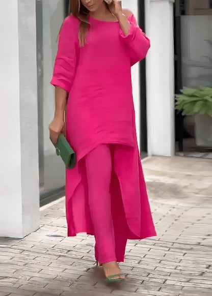 Loose Rose O-neck Asymmetrical Top and Straight Pants Two Pieces Set Summer
