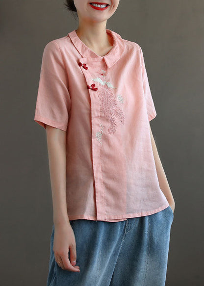 Pink Peter Pan Collar Embroidered Linen Blouse Tops Spring