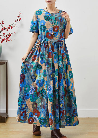 Blue Cinched Exra Large Hem Cotton Dress Summer