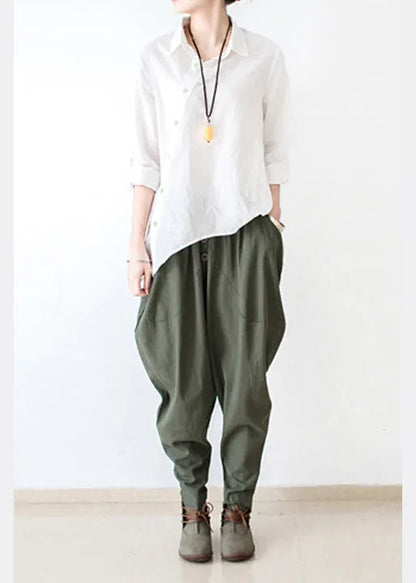 Autumn Tea Green Linen Pants Oversized Cotton Harem Pants Trousers
