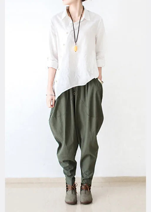 Autumn Tea Green Linen Pants Oversized Cotton Harem Pants Trousers