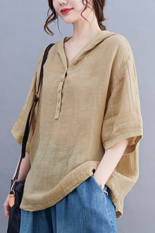 Summer Hooded Short Sleeve T-shirt Loose Cotton Linen Tops