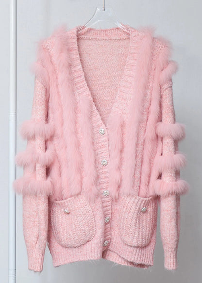 Pink V Neck Fox Fur Patchwork Woolen Cardigans Winter