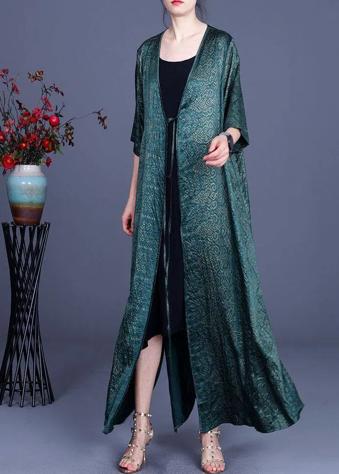 Diy Green Print Side Open Chiffon Loose Long Cardigans