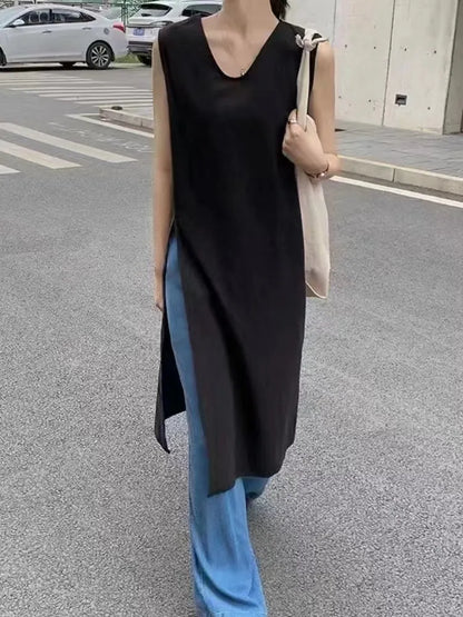 Linen Slit Sleeveless Simple Dress