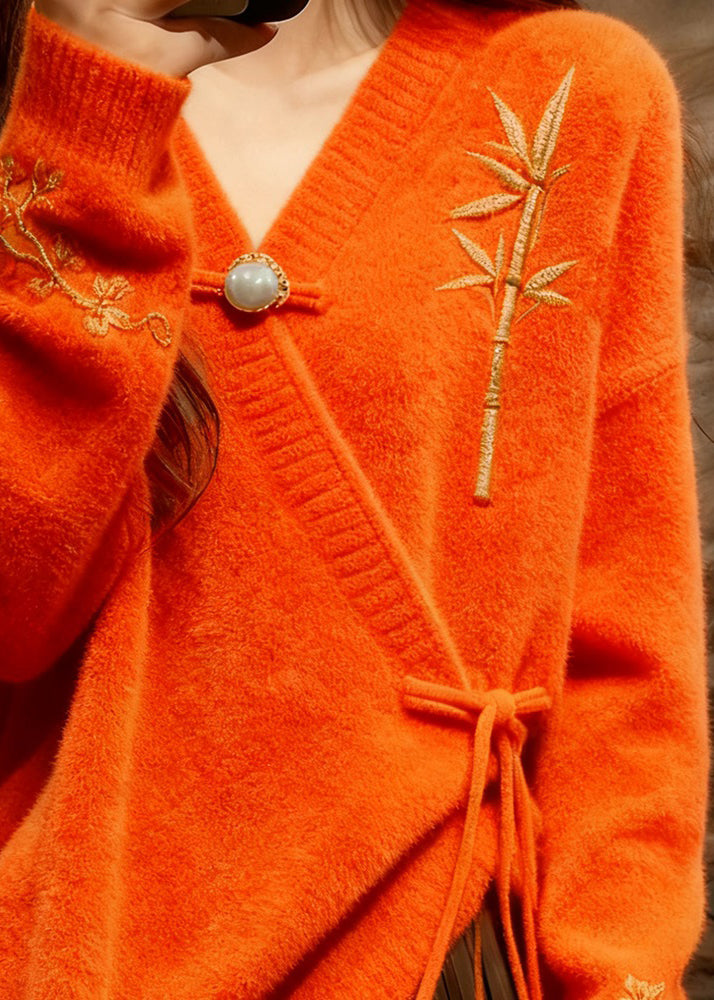 Orange V Neck Thick Cotton Knit Sweater Fall