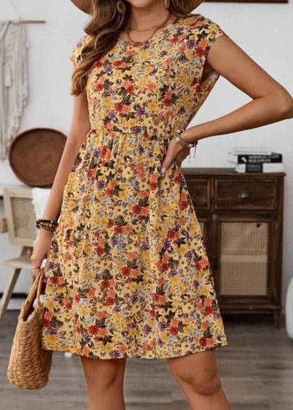 Classy Green O Neck Print Elastic Waist Cotton Dresses Summer