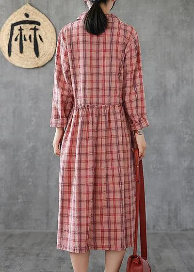 Loose Pink Plaid Linen Cotton Clothes Notched Drawstring Cotton Dress