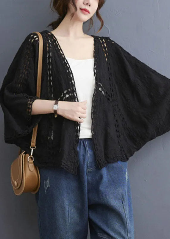 Black V Neck Cardigans Batwing Sleeve