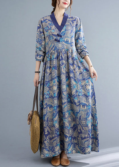 Style Blue Wrinkled V Neck Exra Large Hem Cotton Long Dresses Long Sleeve