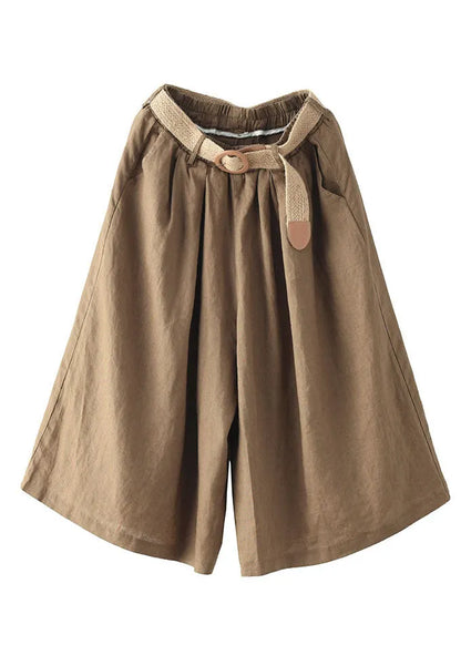 Khaki Elastic Waist Oversized Pockets Linen Wide Leg Crop Pants Summer