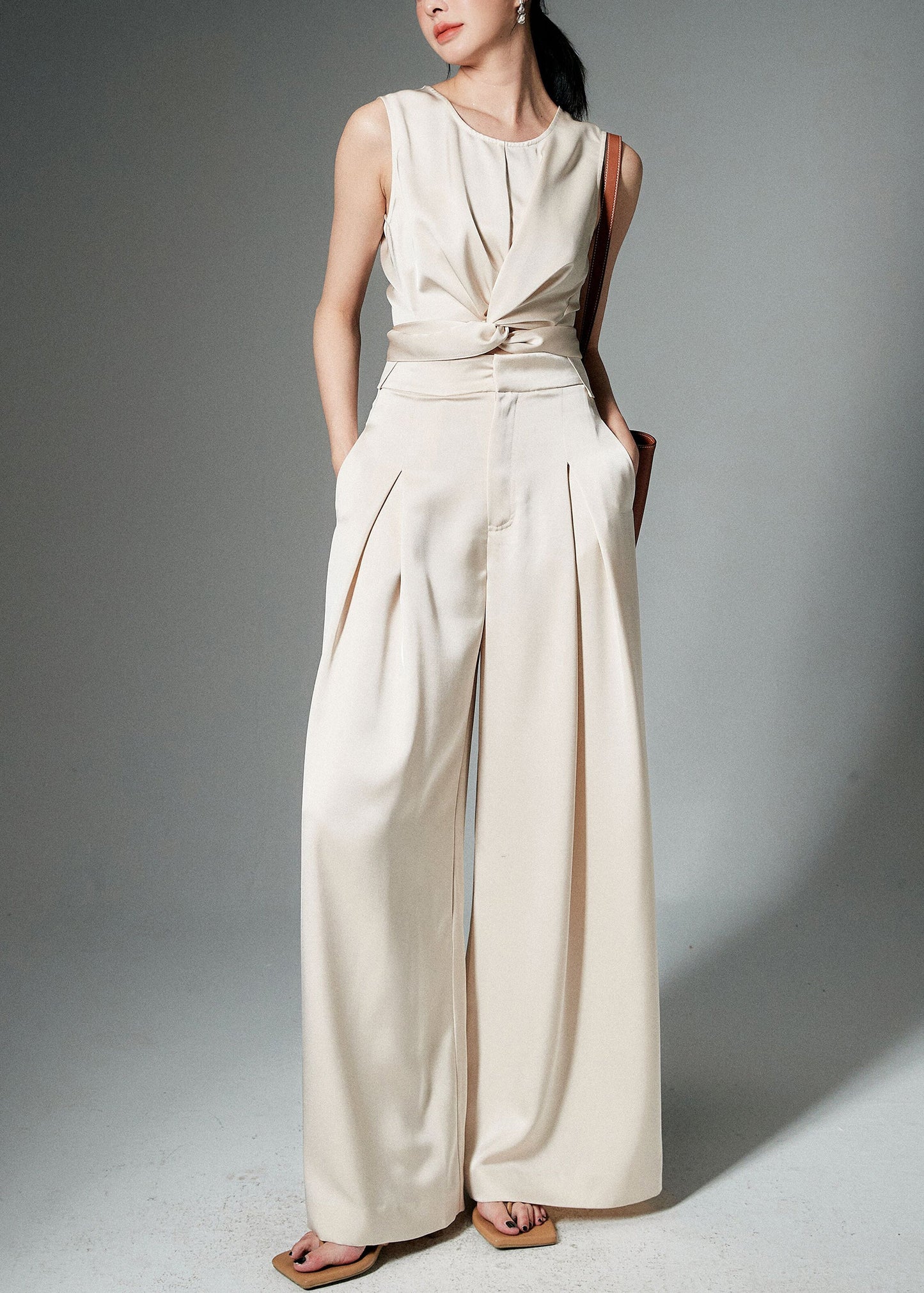 Beige Front Open Tops and Pants Silk Two Pieces Set Sleeveless