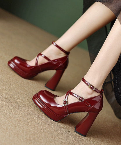 Mulberry Buckle Strap Splicing Chunky High Heels