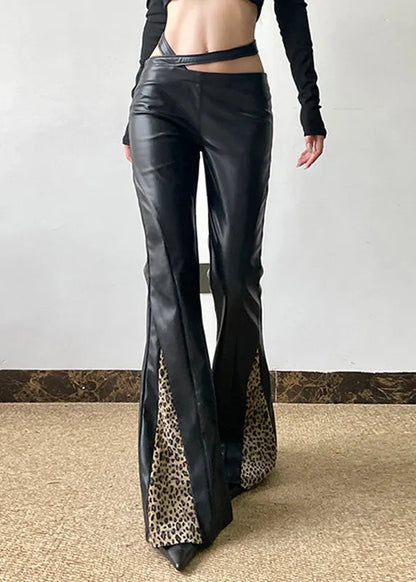 Black Asymmetrical Leopard Patchwork Pu Pants Spring