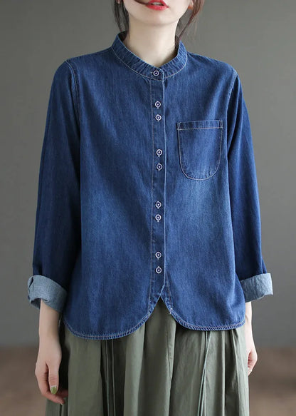 Boutique Navy O-neck Asymmetrical Patchwork Button Denim Shirt Spring