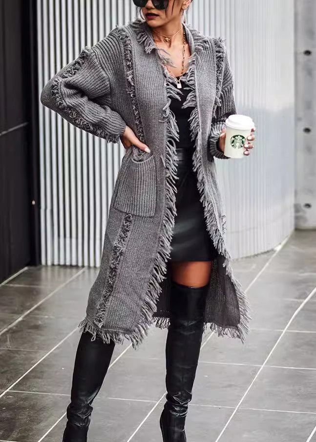 Grey Pockets Tassel Long Knit Cardigan Spring