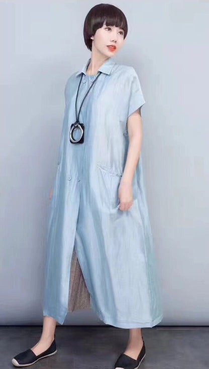 Green Silk Linen Long Dress Wind Coat Q