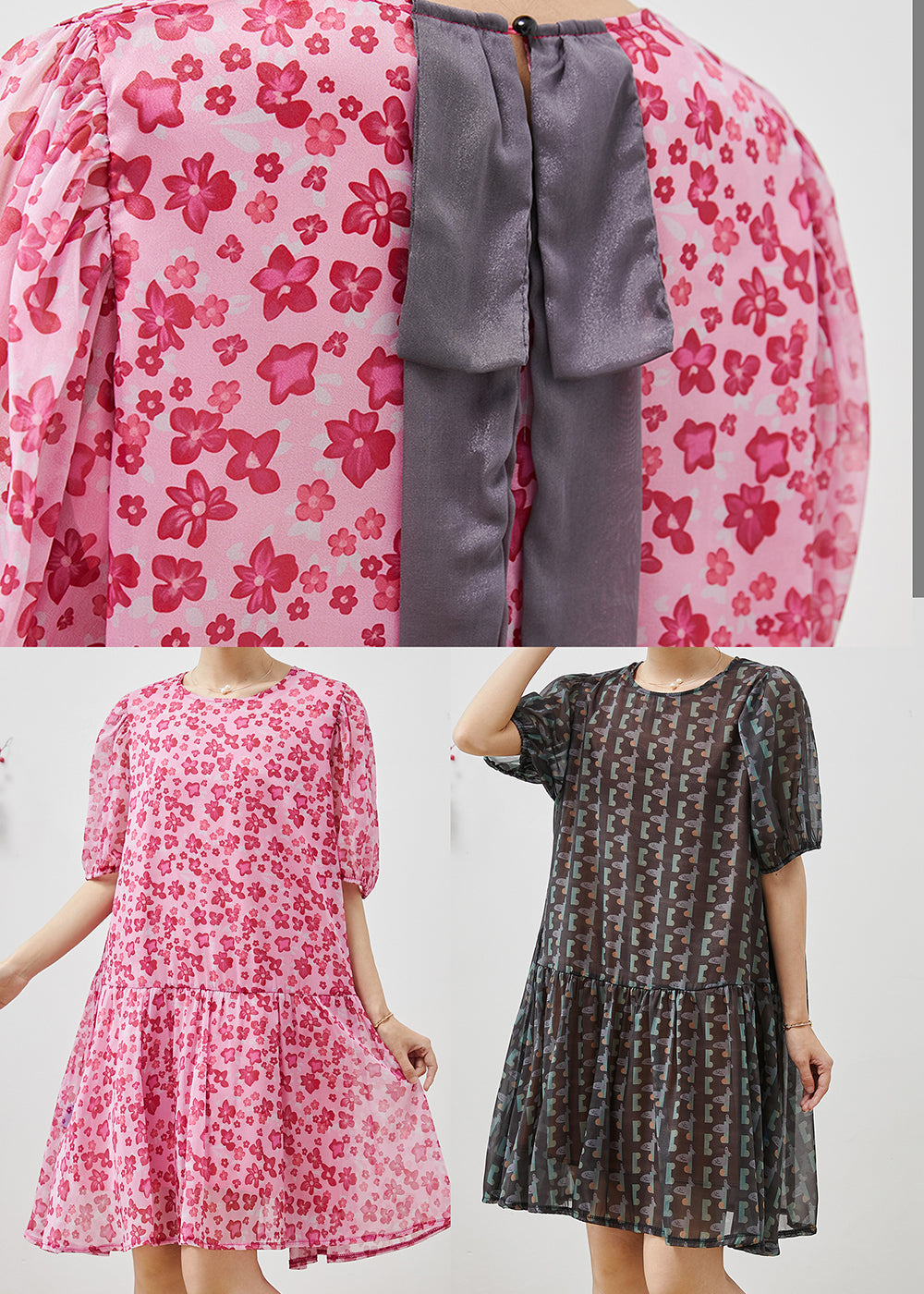 Black Puff Sleeve Print Chiffon Holiday Dress