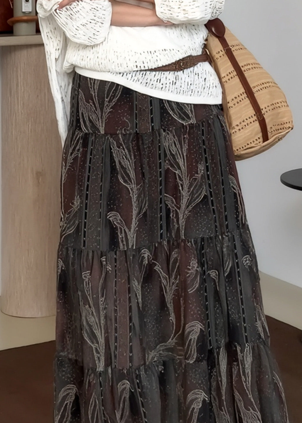 Grey Print Draping Chiffon Skirts Spring