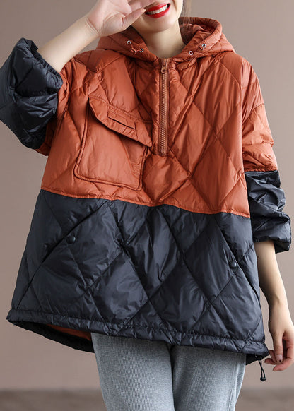 Orange Patchwork Black Hooded Loose Winter Down Coat