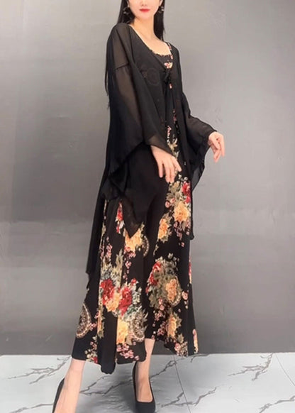 French Black Print Cardigans and Maxi Dress Two Pieces Set Fall