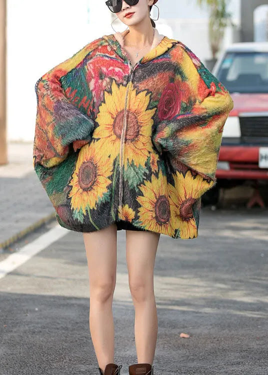 Bat Wing Sleeve Hooded Print Zippered Fall Knit Coat