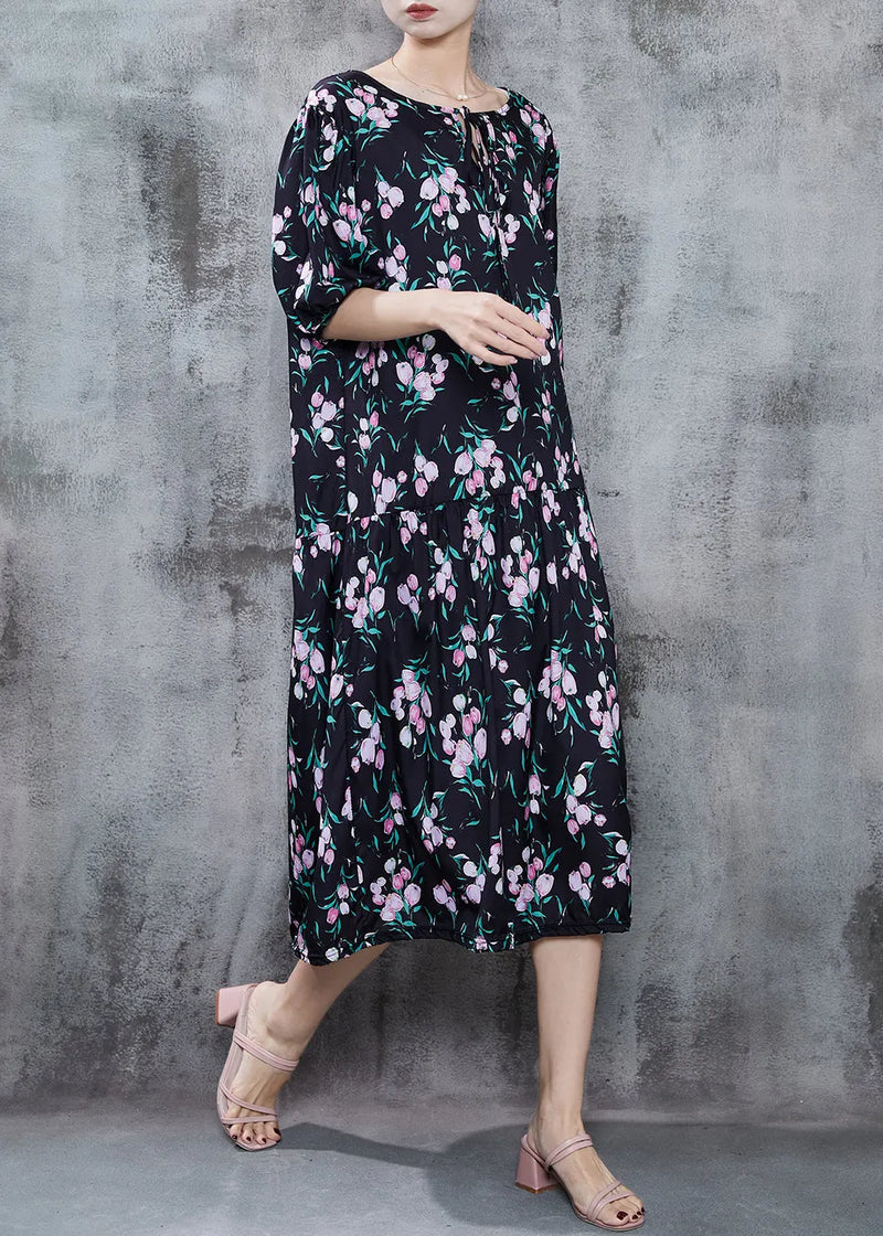 Black Oversized Print Chiffon Holiday Dress Summer